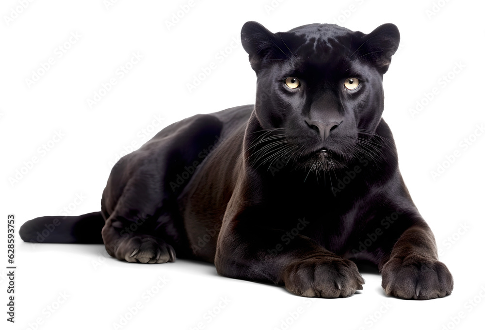 black panther sitting down, isolated black panther sitting down, isolated