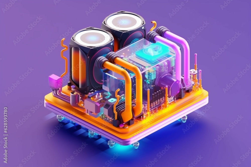 AI generated illustration of A high-tech 3D printed electronic device with neon orange tubes AI generated illustration of A high-tech 3D printed electronic device with neon orange tubes
