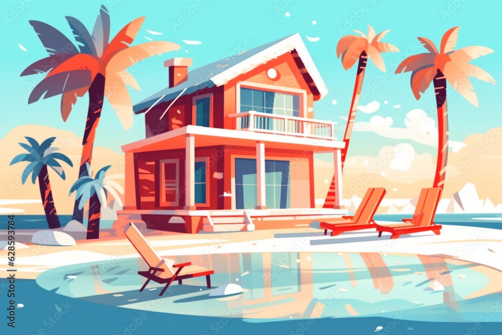 AI generated illustration of An idyllic beach house overlooking a tranquil paradise of white-sand
