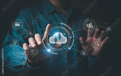 Business person migrate data and corporate information into cloud technology for data security and back up as disaster recovery site and prevent for cyber crime. Data inventory for enterprise.