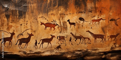 AI Generated. AI Generative. Primitive historical stone cave wall drawing art of animals hunting. Graphic Art