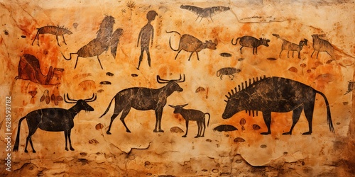 AI Generated. AI Generative. Primitive historical stone cave wall drawing art of animals hunting. Sketch old style wall decoration nature. Graphic Art © Graphic Warrior