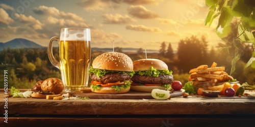 large burgers and french fries on a table with beer Generative AI