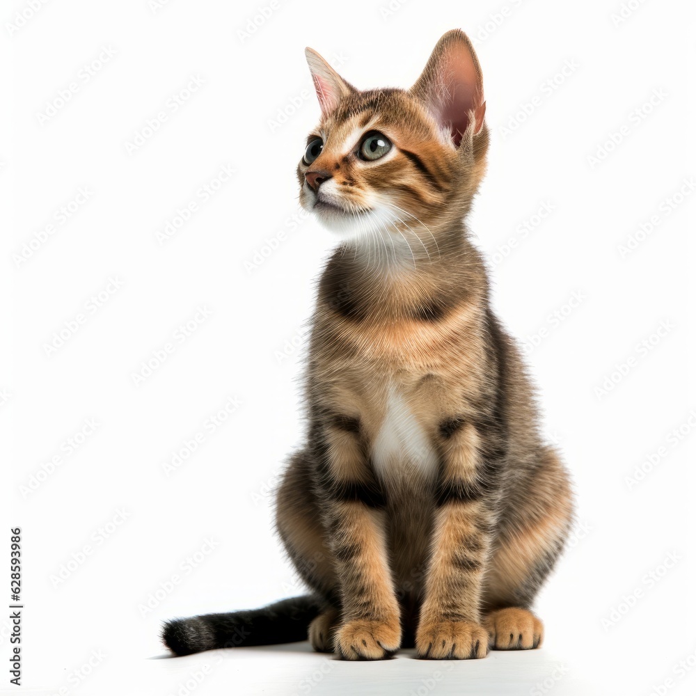 a cat sitting on a white background looking up a cat sitting on a white background looking up
