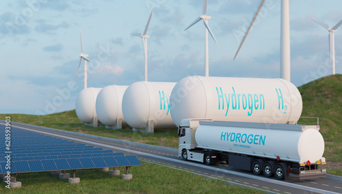 Hydrogen fuel transportation and storage, green power and zero emissions energy, 3d illustrations rendering