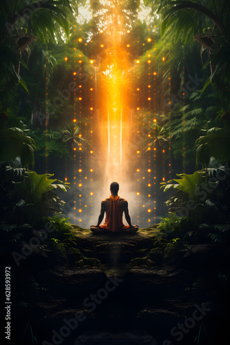 Generated male sitting in lotus pose against waterfall in forest