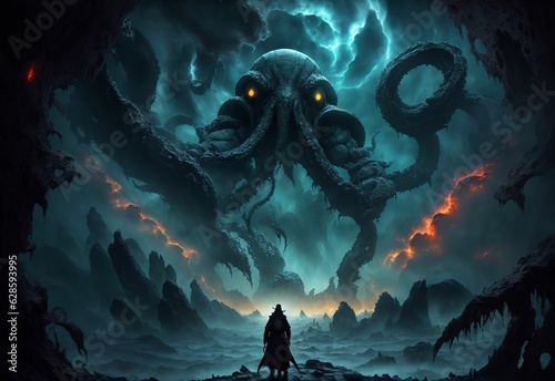 AI generated illustration of a silhouette of a person against a dramatic backdrop of a cthulhu photo