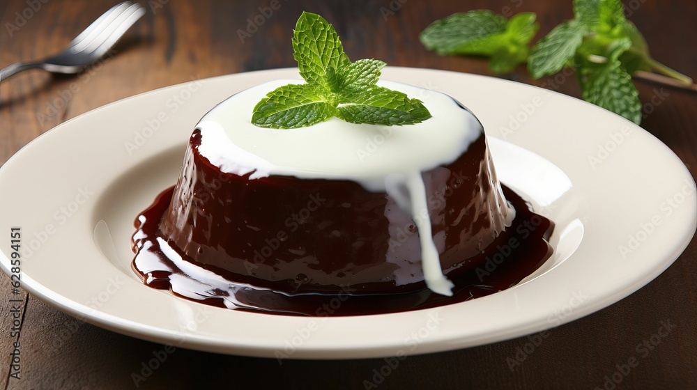 AI generated illustration of a chocolate cake decorated with sauces and mint leaves on a white plate AI generated illustration of a chocolate cake decorated with sauces and mint leaves on a white plate