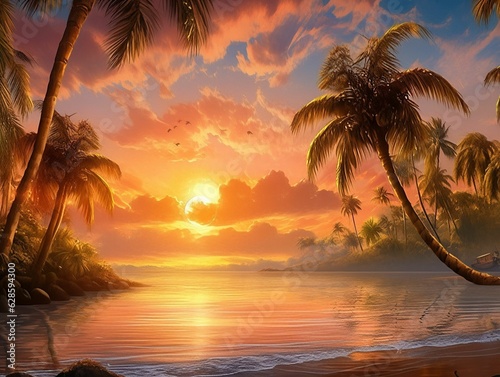AI generated sunset over the ocean with tall palm trees
