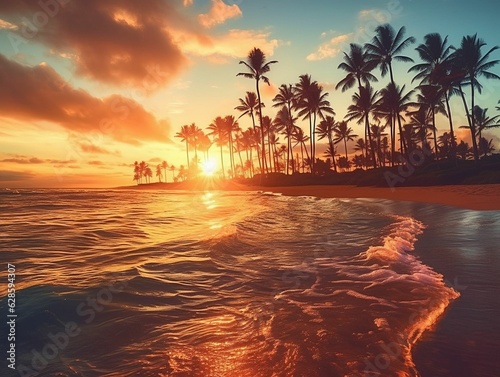 AI generated sunset over the ocean with tall palm trees