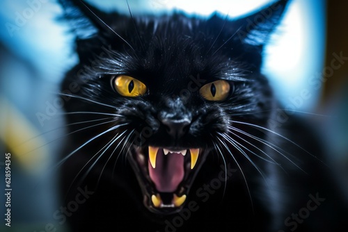 a close up of a black cat with its mouth open