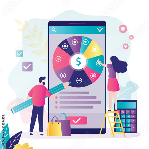 Love couple uses cell phone and planning family budget in financial planner application. Smart people thinking about earnings and spendings. Round pie chart with dollar coin and indications.
