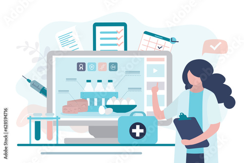 Farm of the future, food technology concept. Organic laboratory, woman scientist talks about checking the quality and environmental friendliness of dairy products and eggs.