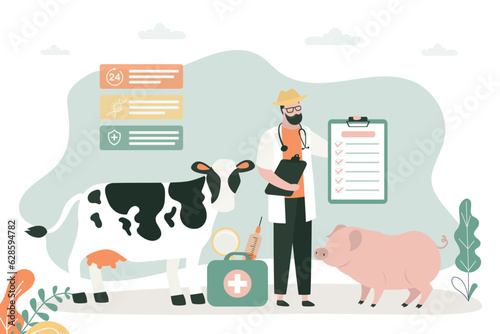 Veterinarian with animals cow, pig. Health check. Veterinarian giving medicine to farm animals. Agriculture industry, farming and animal husbandry healthcare and medical concept.