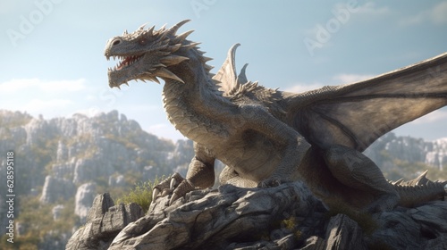 Fantasy dragon on the rock.3D rendering.Generative AI