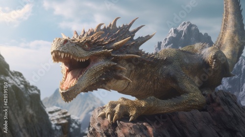 Fantasy dragon on the rock.3D rendering.Generative AI © Sukritidesign