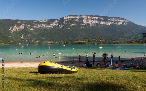 Sougey Beach on the edge of Lac d'Aiguebelette, a natural lake know for its blue-green colour, located in the commune of Aiguebelette-le-Lac, within the department of Savoie, France.