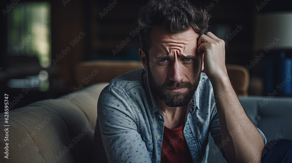 Man Suffering From Depression Sitting On Sofa In Pajamas Man Suffering From Depression Sitting On Sofa In Pajamas