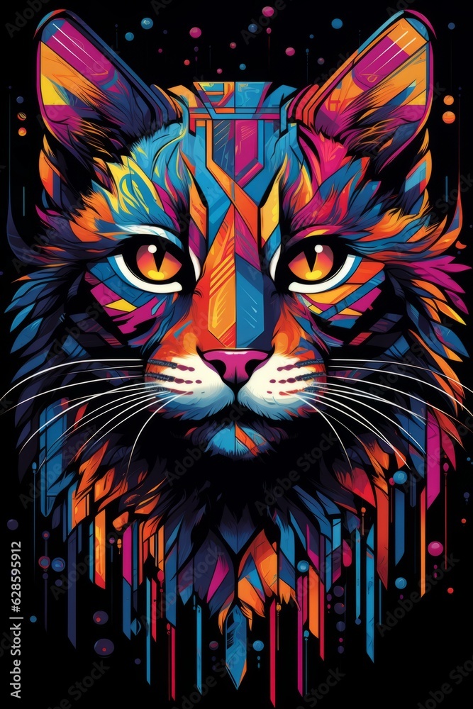 a colorful cat head on a black background
