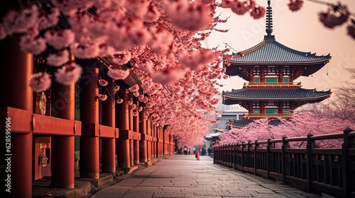 Photo of cherry blossoms and the Sensoji Temple in Asakusa, Tokyo, Japan, generated by AI photo