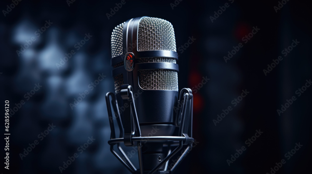 Microphone on the table on dark background, close-up. Microphone on the table on dark background, close-up.