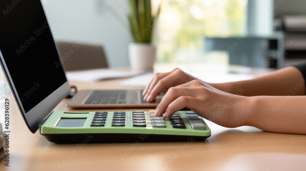 Fototapeta premium Closeup image of a business woman's hands working and typing on laptop keyboard on table. Created with Generative AI technology.