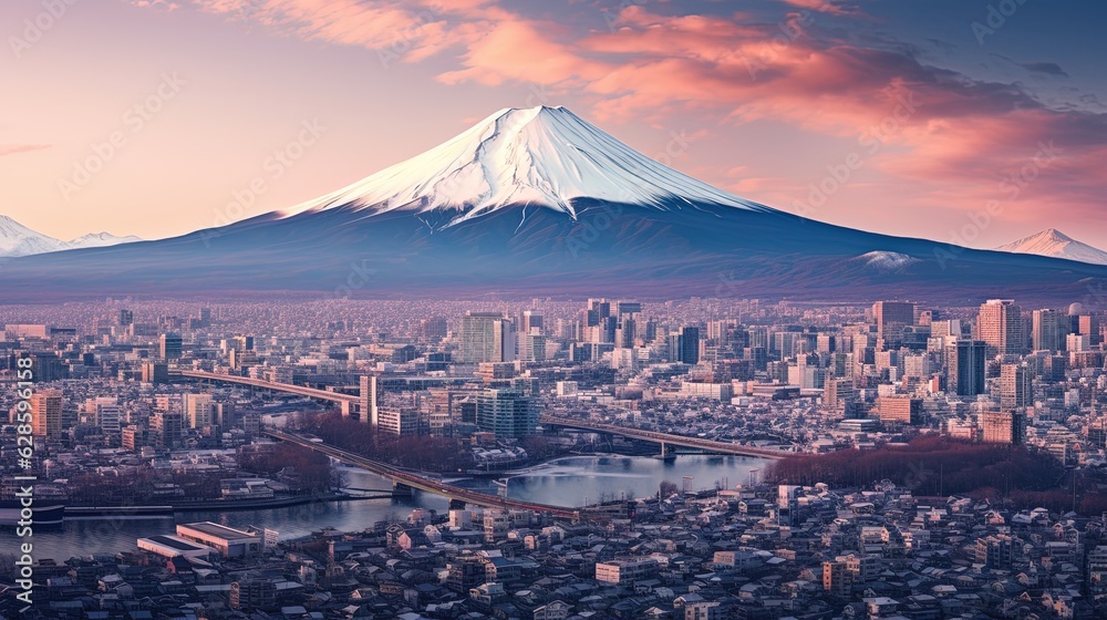 Aerial photo of the cityscape of Tokyo with Mount Fuji in Japan, generated by AI