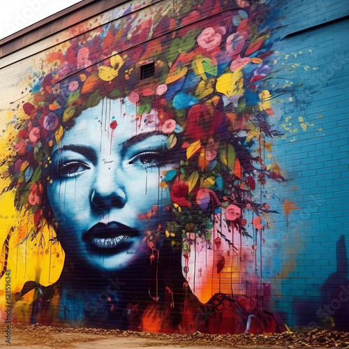 a colorful mural of a woman with flowers on her head © AberrantRealities
