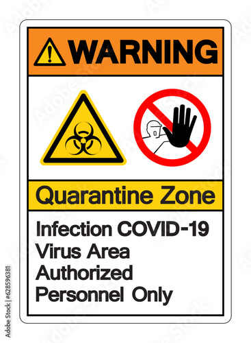 Warning Quarantine Zone Infection Covid-19 Virus Area Authorized Personnel Only Symbol Sign, Vector Illustration, Isolated On White Background Label. EPS10