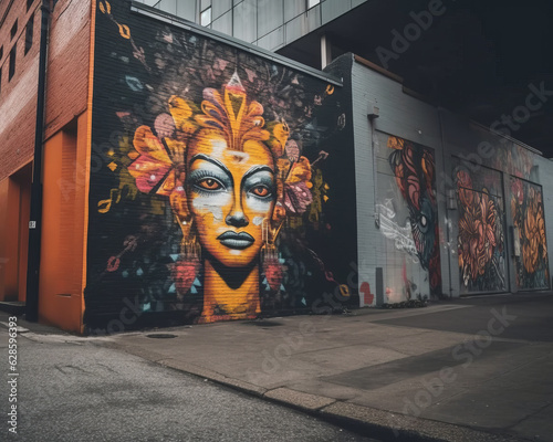 a colorful mural of a womans face on the side of a building