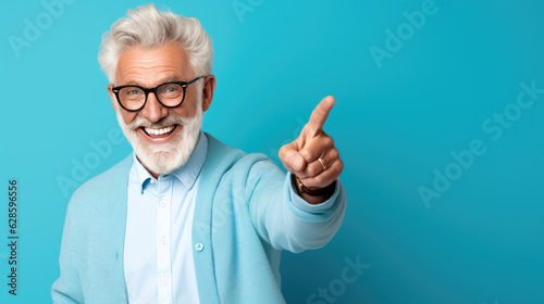 Senior man wearing casual clothes and glasses pointing with hand and finger to the side looking at the camera.