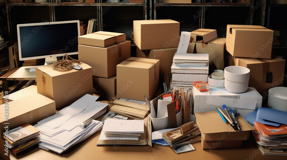 A pile of moving boxes in the room. Created with Generative AI technology. A pile of moving boxes in the room. Created with Generative AI technology.