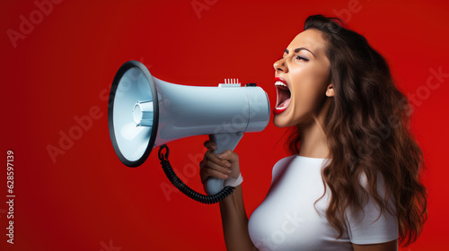 Woman screaming into a loudspeaker isolated on red background.
