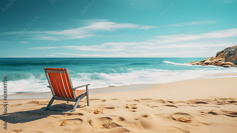 Summer beach chair in the sand near the sea, summer holiday and vacation concept for tourism, Inspirational tropical landscape, romantic holiday, freedom travel. ai generation