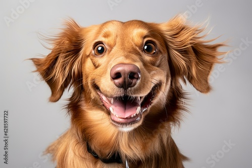 a dog is smiling and looking up at the camera