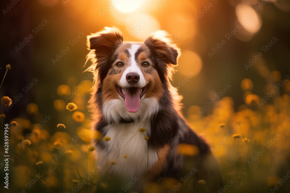 a dog sitting in a field of flowers with the sun in the background a dog sitting in a field of flowers with the sun in the background