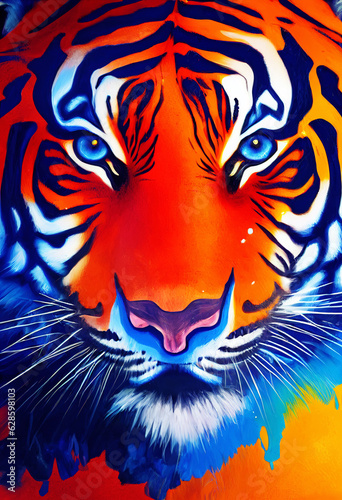 A picture of a multi-colored muzzle of a tiger. Close-up. Warm and cold shades. AI-generated © jockermax3d