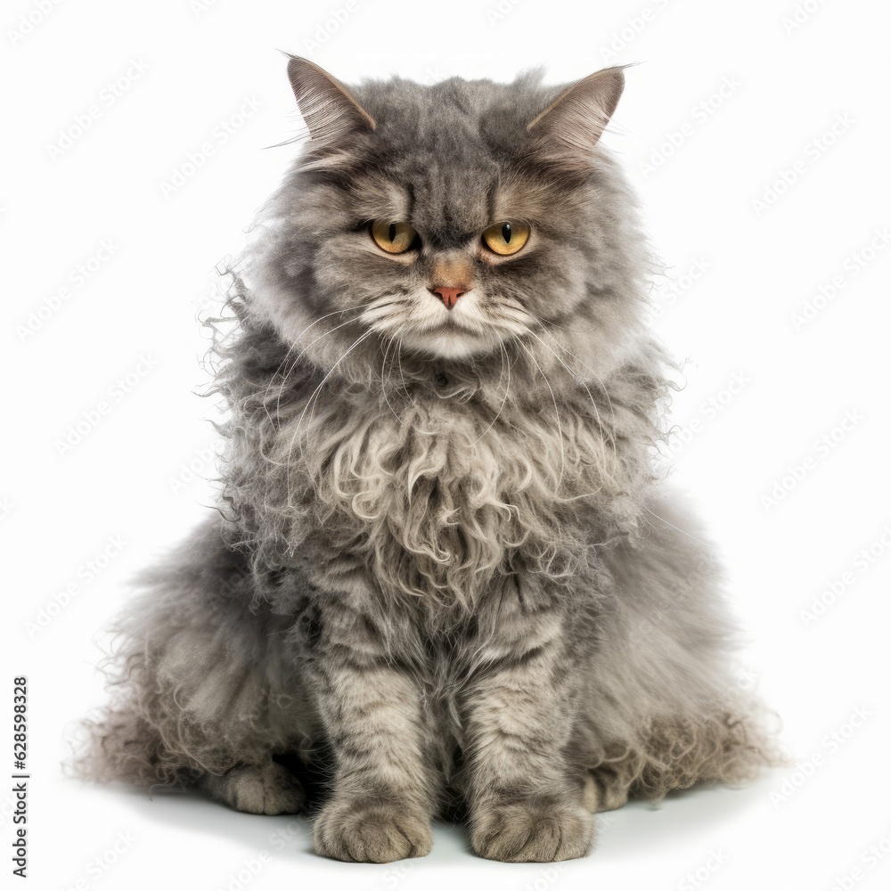 a fluffy gray cat sitting down on a white background