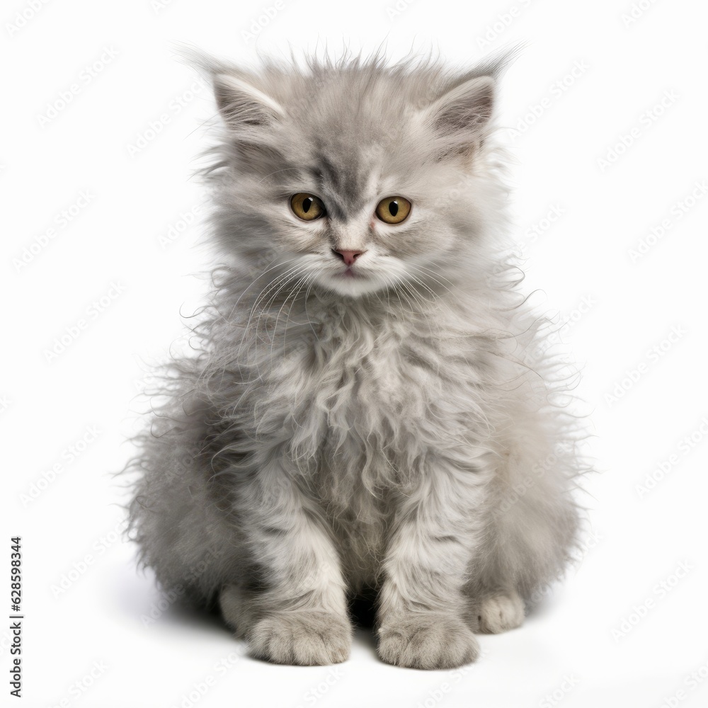 a fluffy gray kitten sitting down on a white background