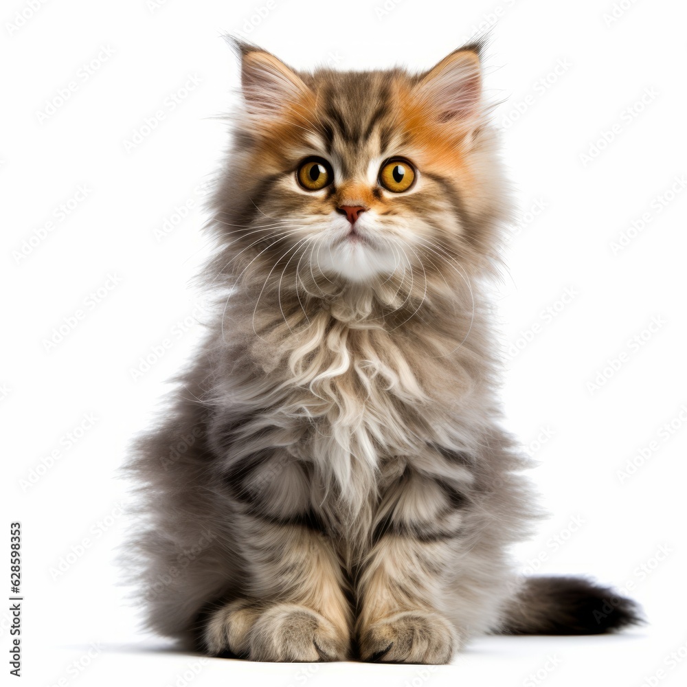 a fluffy kitten sitting in front of a white background