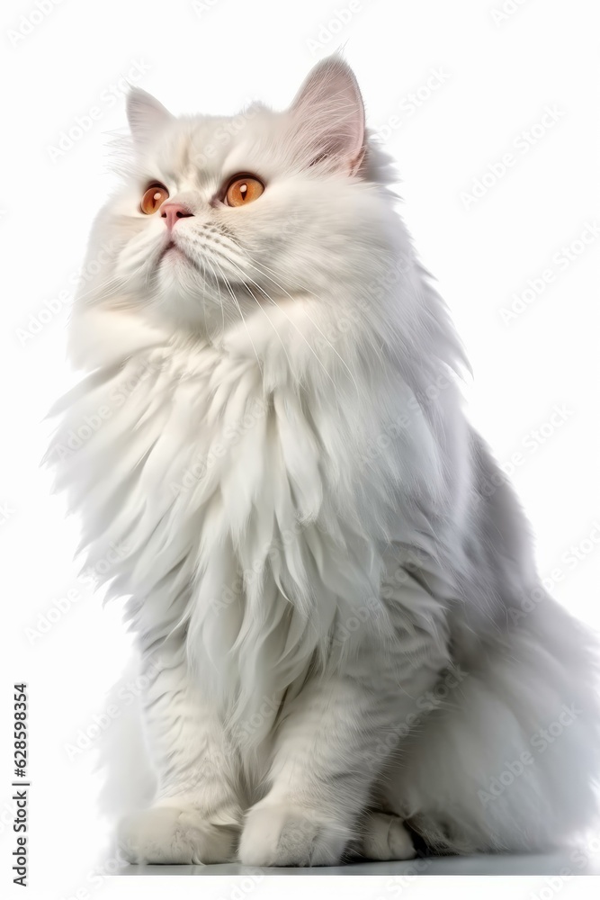 a fluffy white cat is sitting on a white surface