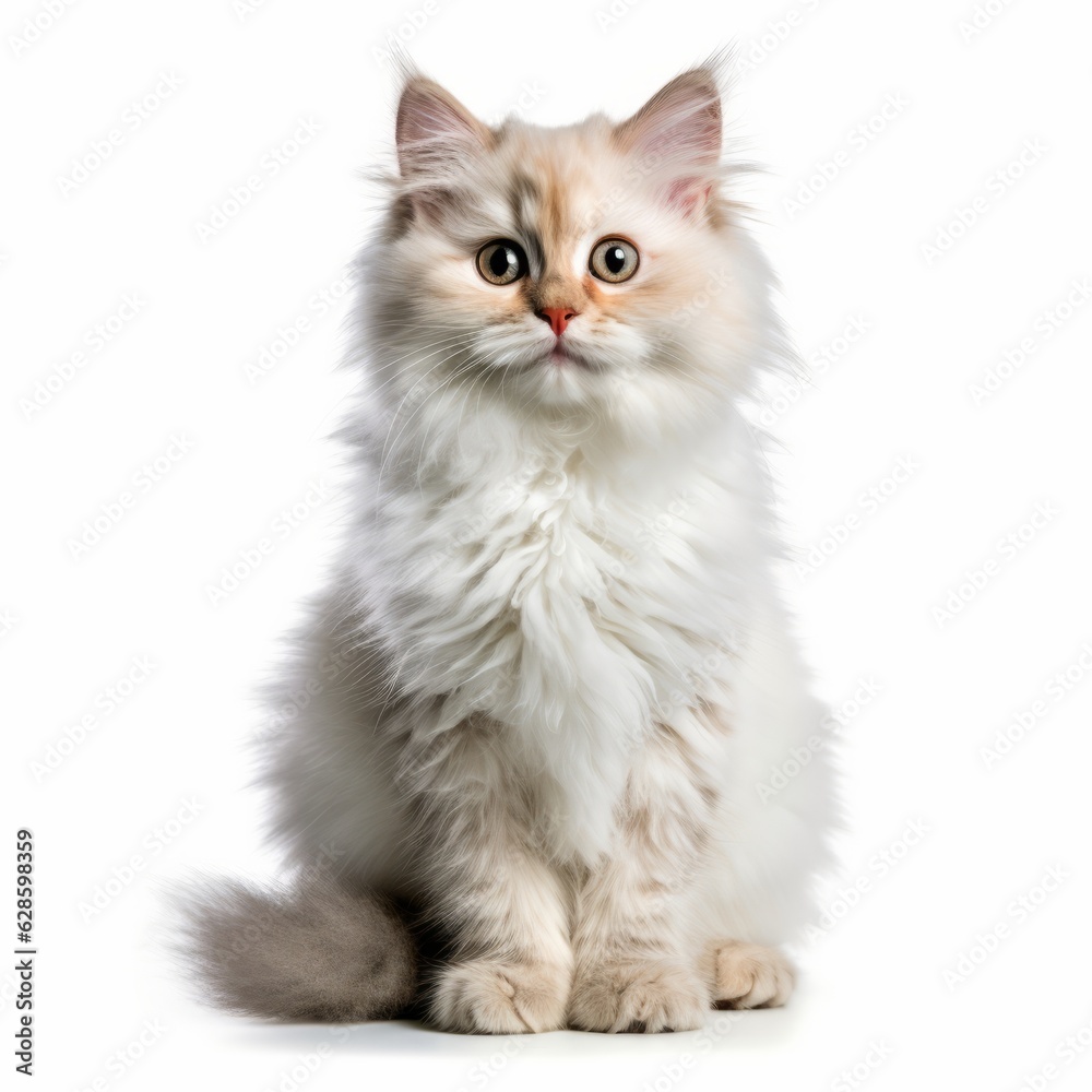 a fluffy white cat sitting on a white background