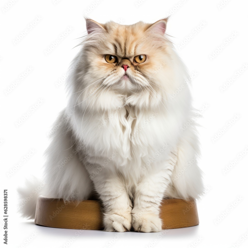 a fluffy white cat with glasses sitting on top of a wooden pedestal