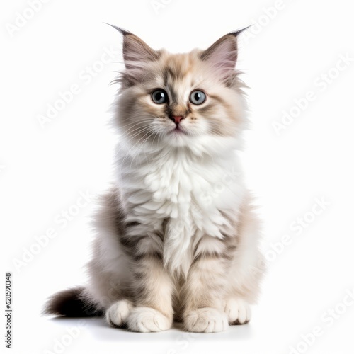 a fluffy kitten is sitting in front of a white background