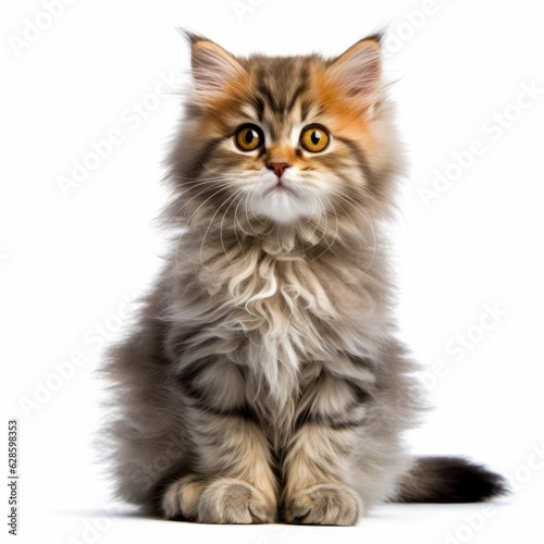 a fluffy kitten sitting in front of a white background