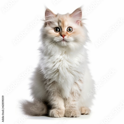 a fluffy white cat sitting on a white background