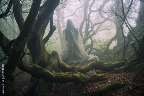 a ghostly figure standing in the middle of a foggy forest © AberrantRealities