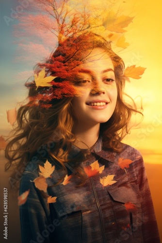 a girl is smiling with leaves falling on her head