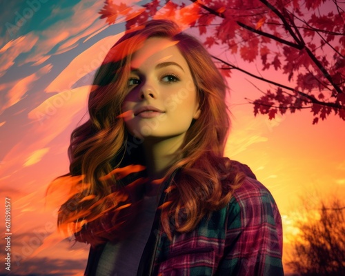 a girl with long hair and a plaid shirt in front of a sunset
