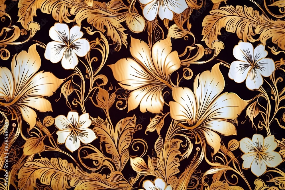 a gold and white floral pattern on a black background